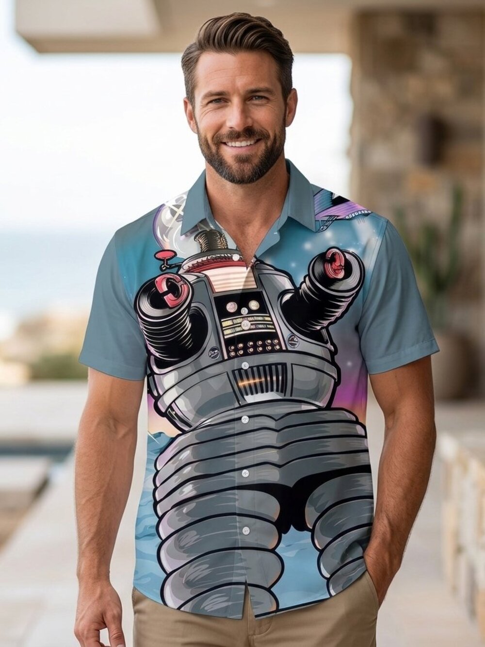 Retro Space Robot Graphic Shirt • Vintage Sci‑Fi Button‑Up • Unisex